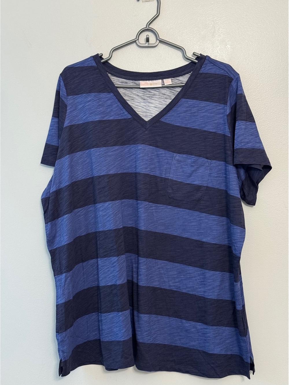 Belle Kim Gravel Women's Blue and Navy Striped V-Neck T-Shirt 2X